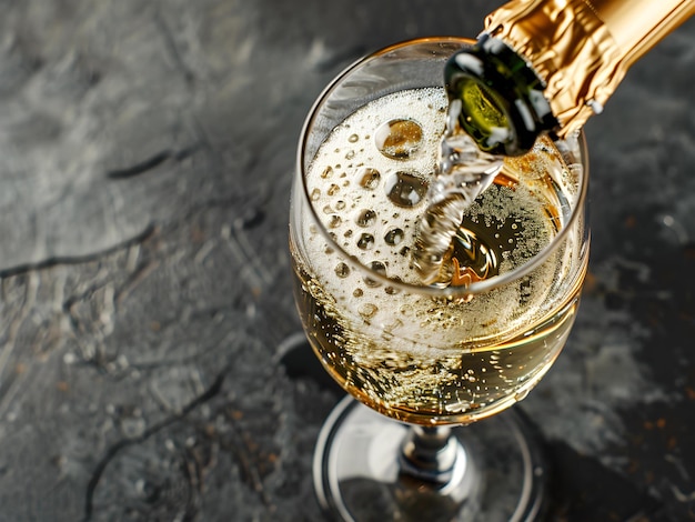 Pouring Champagne into the glass from top view on the black table