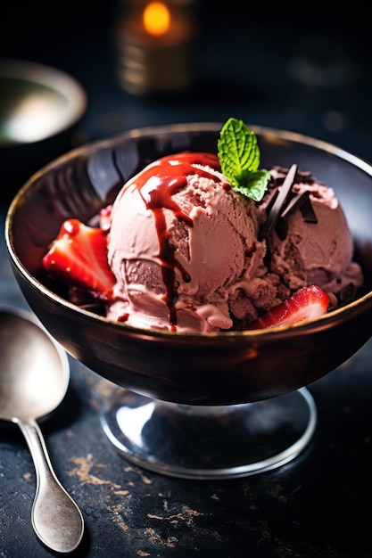 Pouring chocolate ice cream onto hot pot sauce