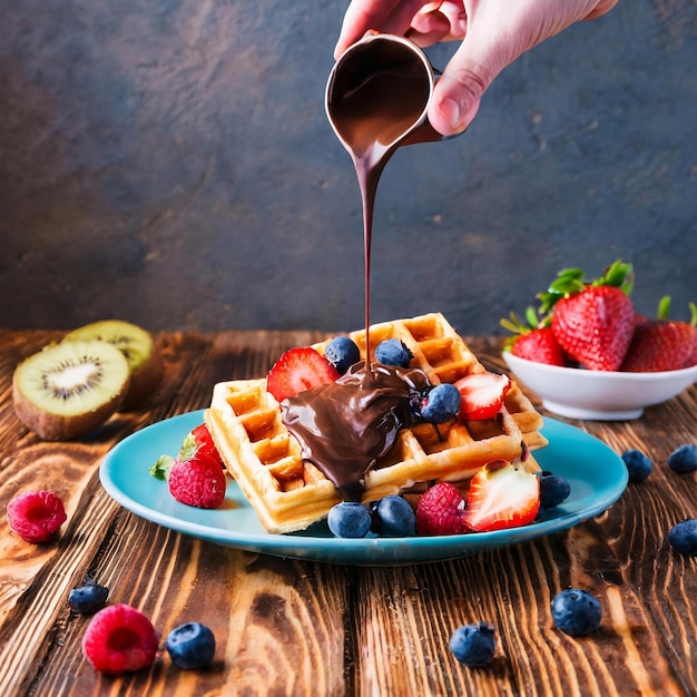 pouring chocolate on waffle with fruit slices