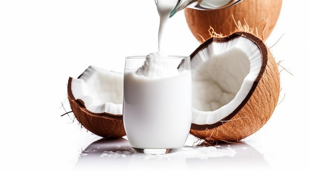 pouring coconut juice isolated on white background