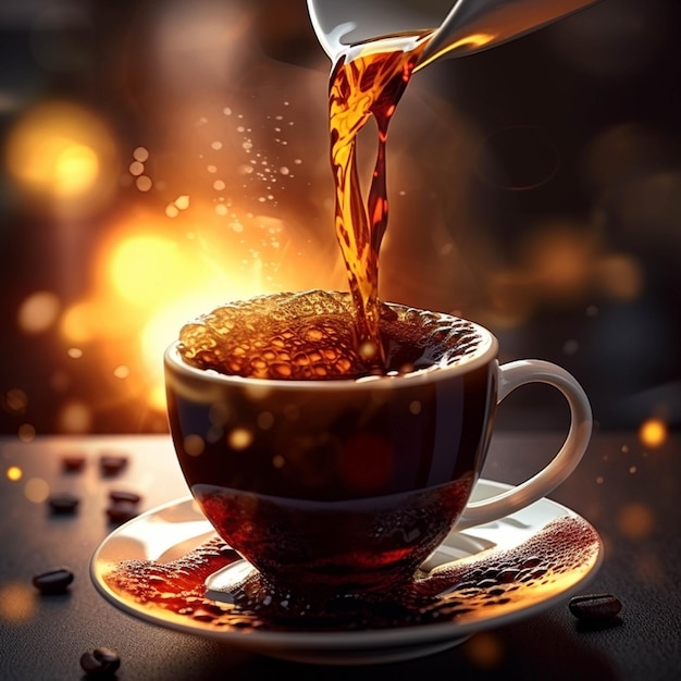 Pouring coffee into a cup on a dark background with bokeh effect