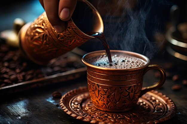 Pouring coffee into metal cup