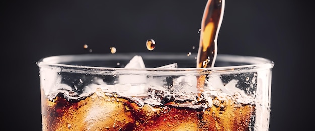 Photo pouring of cola and ice cola soda and ice splashing fizzing or floating up to top of surface