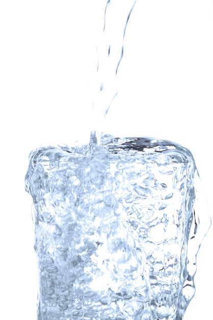 Photo pouring drinking water overflowing into glass on white background.