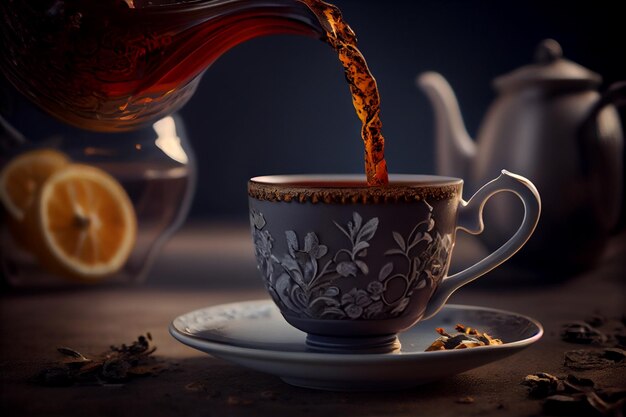 Pouring English Earl Grey tea into a coffee cupgenerative ai