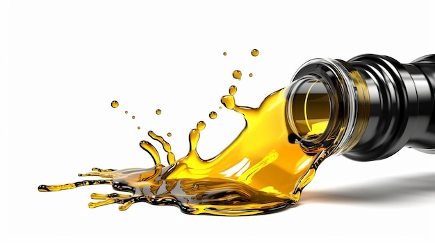 Pouring fresh automotive engine oil lubricating oil yellow white background Generative ai