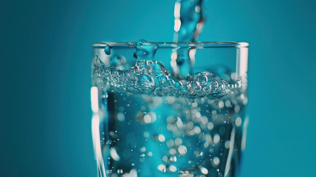 Foto versare acqua dolce in un bicchiere su uno sfondo blu