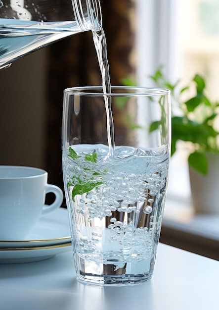 Pouring fresh water into glass on the kitchen table