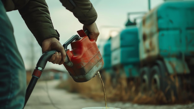 Photo pouring gasoline from a red plastic container into a white plastic container the red container is labeled gasoline