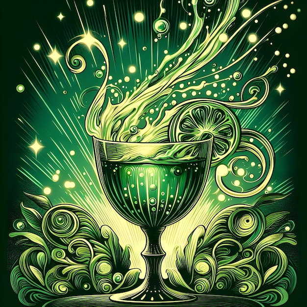 Foto versare un bicchiere di cocktail alcolico verde su uno sfondo scuro