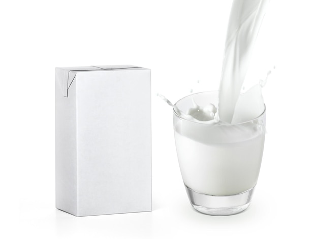 Pouring a glass of milk creating splash and packaging box isola