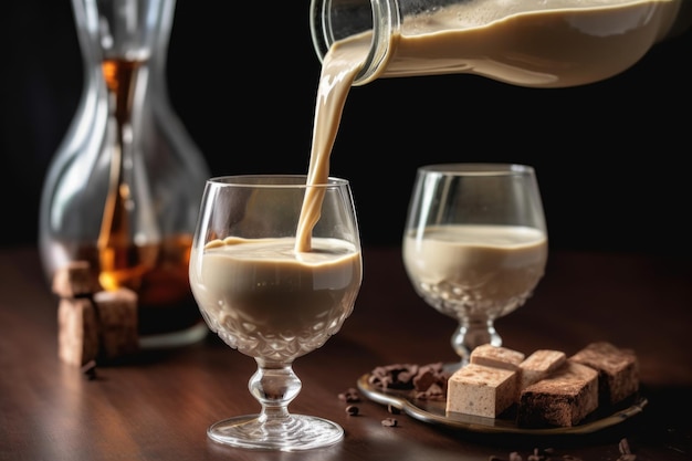 Pouring homemade baileys into stylish glass created with generative ai