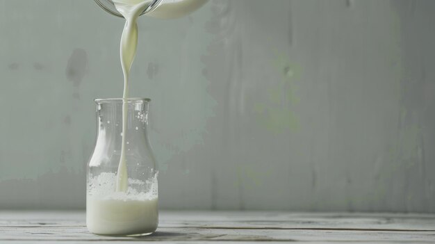 Pouring homemade kefir buttermilk or yogurt with probiotics Yogurt flowing from glass bottle on white wooden background Probiotic cold fermented dairy drink Trendy food and drink Copy space left