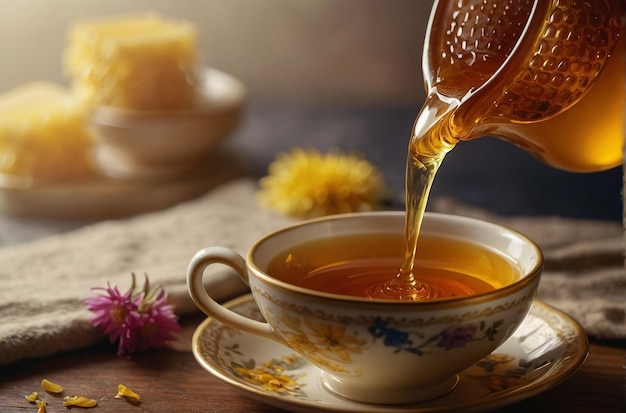 Pouring Honey into Tea Relaxing Moment