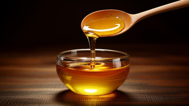 pouring honey in a wooden bowl