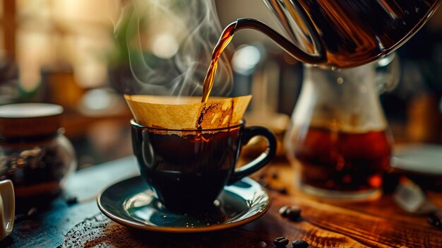 Pouring hot coffee into a cup Selective focus