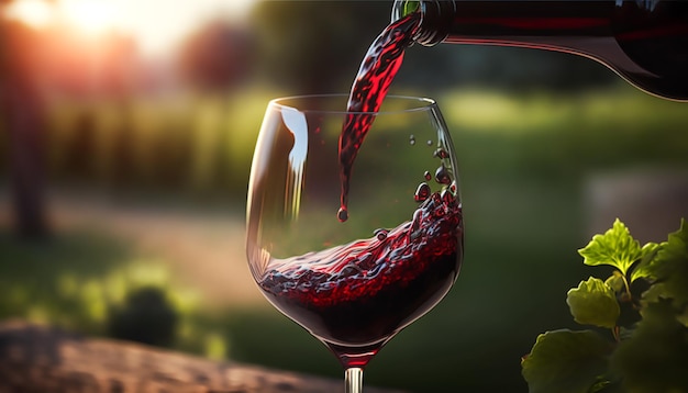 햇볕이 잘 드는 시골 와인 시음 와이너리와 와인 제조 포도 재배에서 고급 레드 와인을 잔에 붓는 Generative Ai