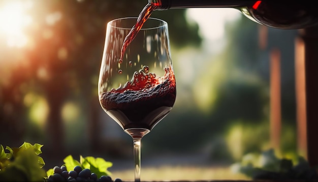 Pouring luxury red wine into the glass at the sunny countryside wine tasting winery and wine making viticulture Generative Ai