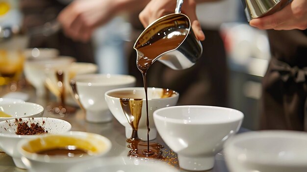 Photo pouring melted chocolate into white ceramic bowls