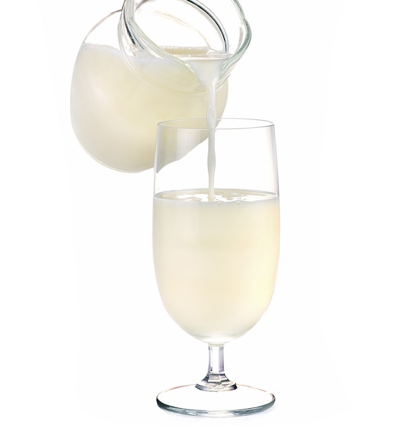 Pouring milk from a jug into a glass isolated on white