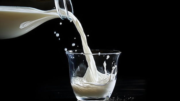 Photo pouring milk in glass in dark background