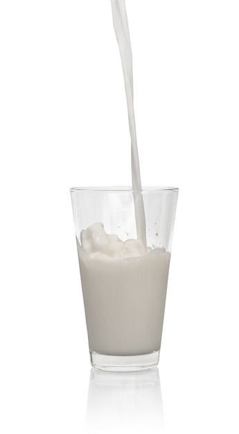 Pouring milk in the glass on a white background