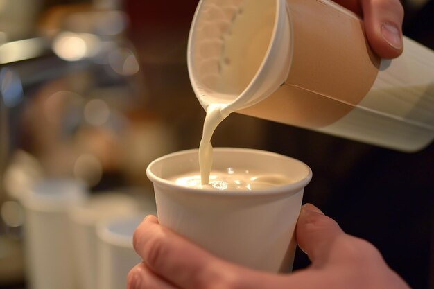 コーヒーカップにミルクを注ぎ移動中にクリーミーな飲み物を飲みます