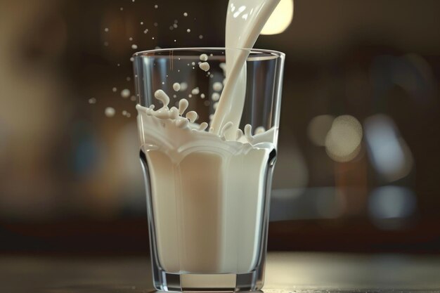 Pouring of milk into glass on table