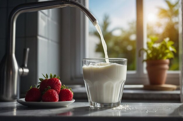 Pouring milk into a glass with a backdrop of a kitchen