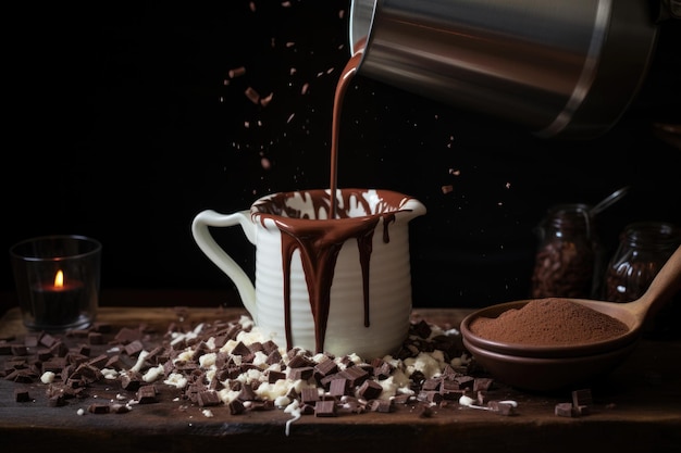 Pouring milk into steaming hot chocolate mixture