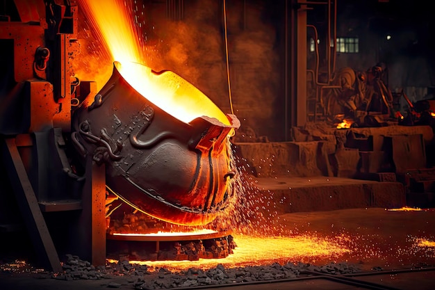 Pouring of molten steel in foundry industry production for manufacture of parts