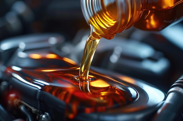 Pouring new oil into automobile engine for maintenance