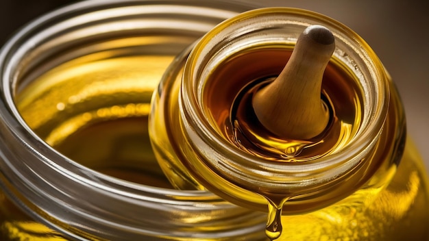 Pouring oil into glass jar close up