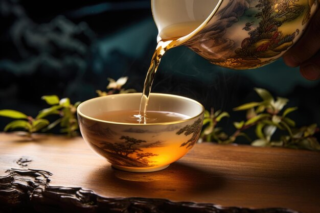 Photo pouring oolong tea into a tea cup with an asian flair