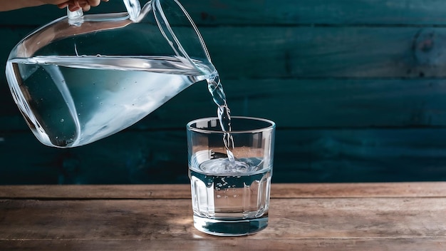 Pouring purified fresh water from the jug in glass on wooden table