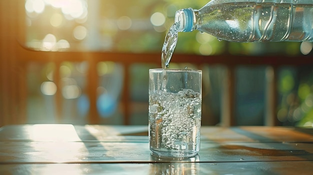 Pouring purified fresh water on wooden table health care concept