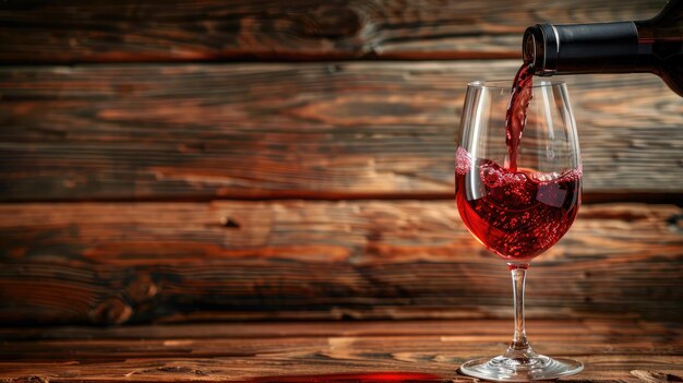 Pouring red wine into the glass against wooden background