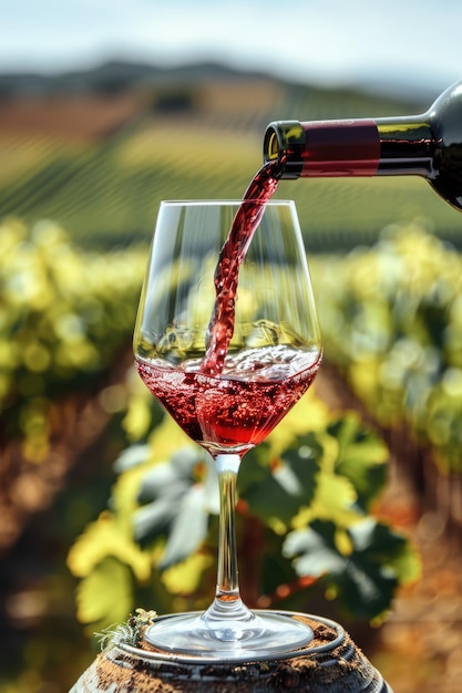 Foto versare vino rosso in un bicchiere nel vigneto in una bella giornata d'estate