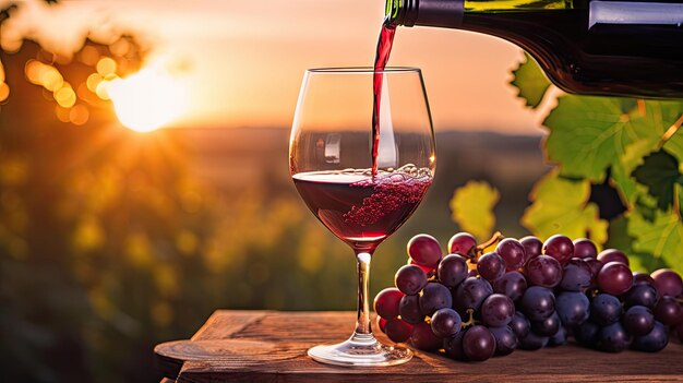 赤ワインをグラスに注ぐ ブドウ畑で フランスの赤ワイン