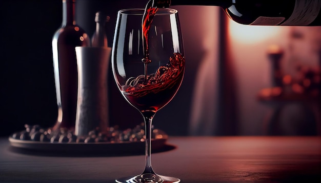 Pouring red wine into a glass with grapes and wine bottle on dark backgroundgenerative ai