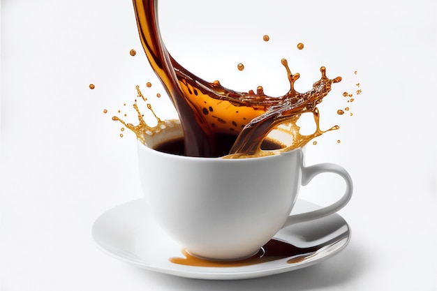 Наливание и брызги кофе в белую чашку на изолированном белом фоне. Брызги чашки кофе