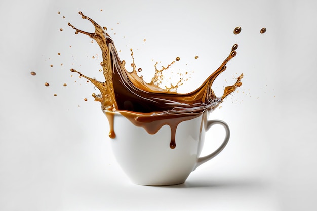 Наливание и брызги кофе в белую чашку на изолированном белом фоне с обтравочным контуром.