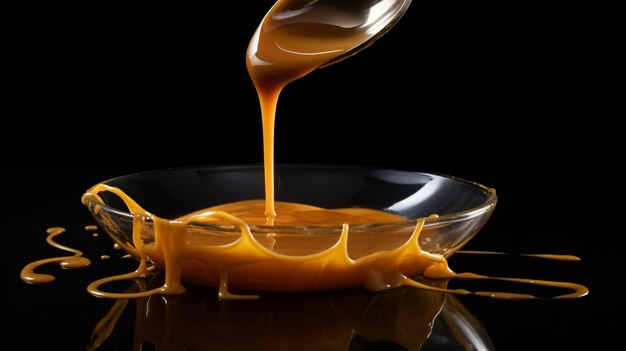 Pouring sweet liquid caramel sauce on black background