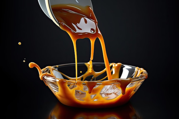 Pouring Sweet Liquid Caramel Sauce On Black background