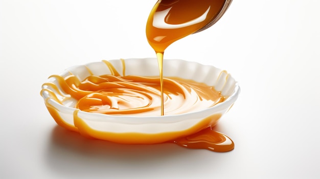 Pouring sweet liquid caramel sauce on white background