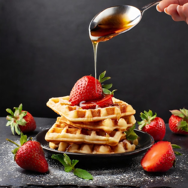 pouring syrup of stack of waffles with strawberries on dark background