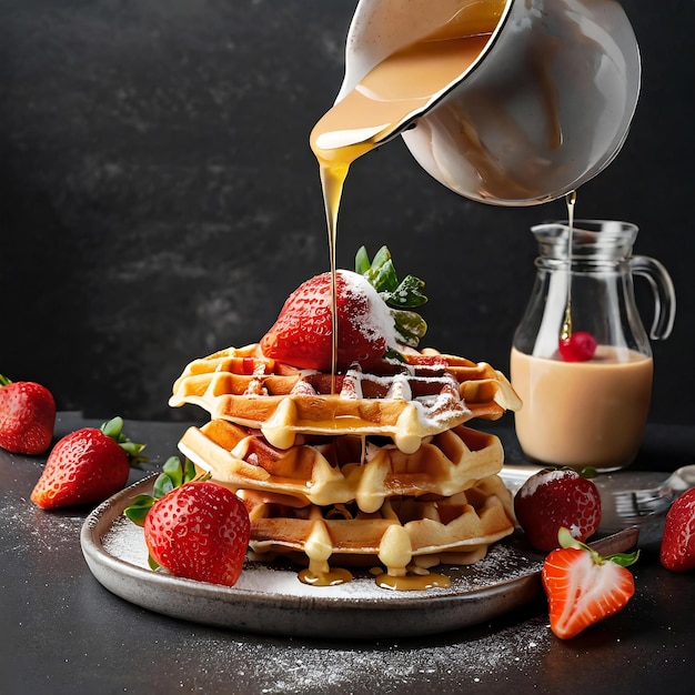 pouring syrup of stack of waffles with strawberries on dark background