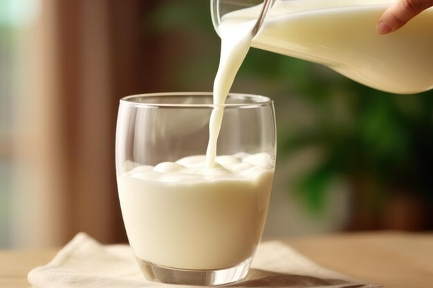 Pouring tasty fresh milk closeup dairy product