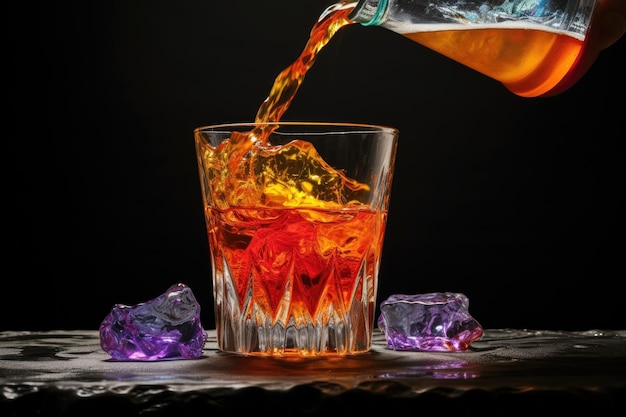 Pouring vibrant syrup into a glass with ice