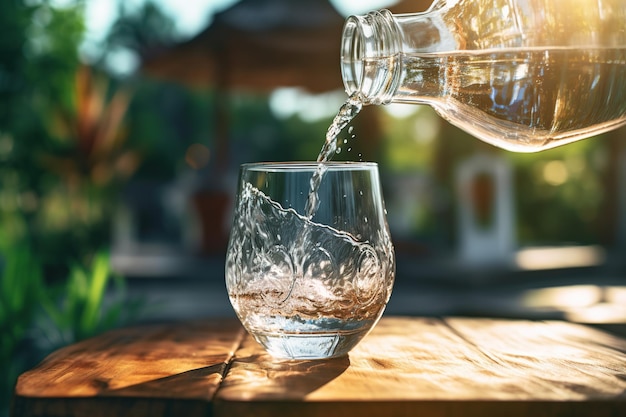 Pouring water from bottle into glass with sunlights Generative AI